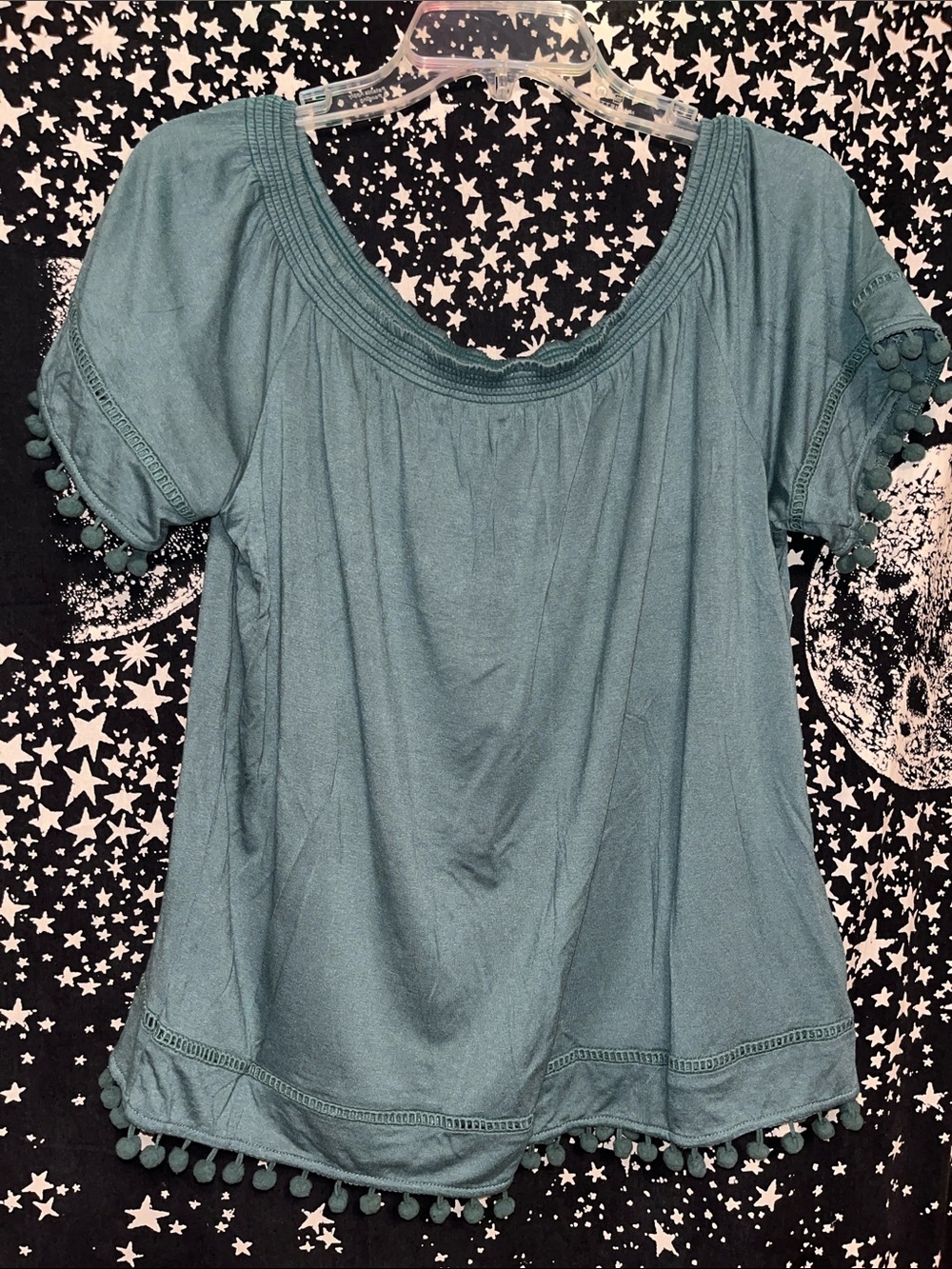 Teal Pom-Pom Short Sleeve Tunic Top